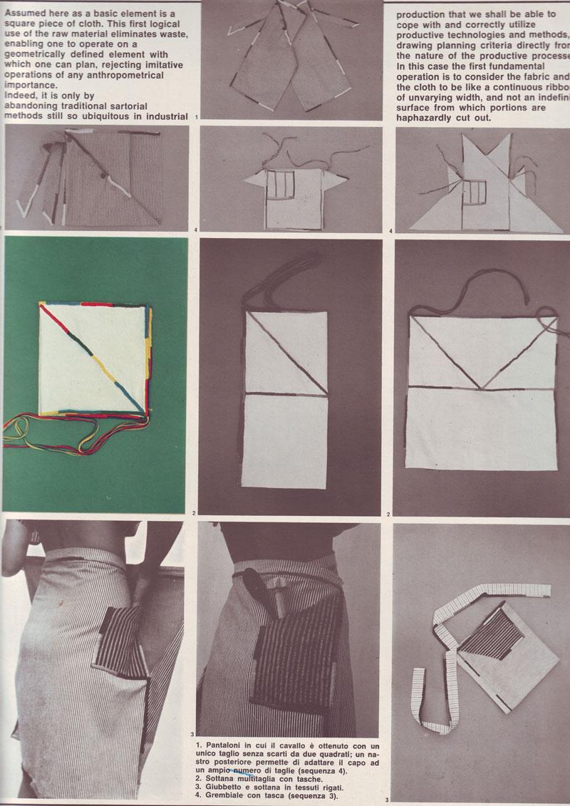 Archizoom Associati: Elements and structures obtainable with square pieces of cloth, and with cuts, folds and stitches, featured in Casabella Magazine. (Source: Casabella, December, 1973).