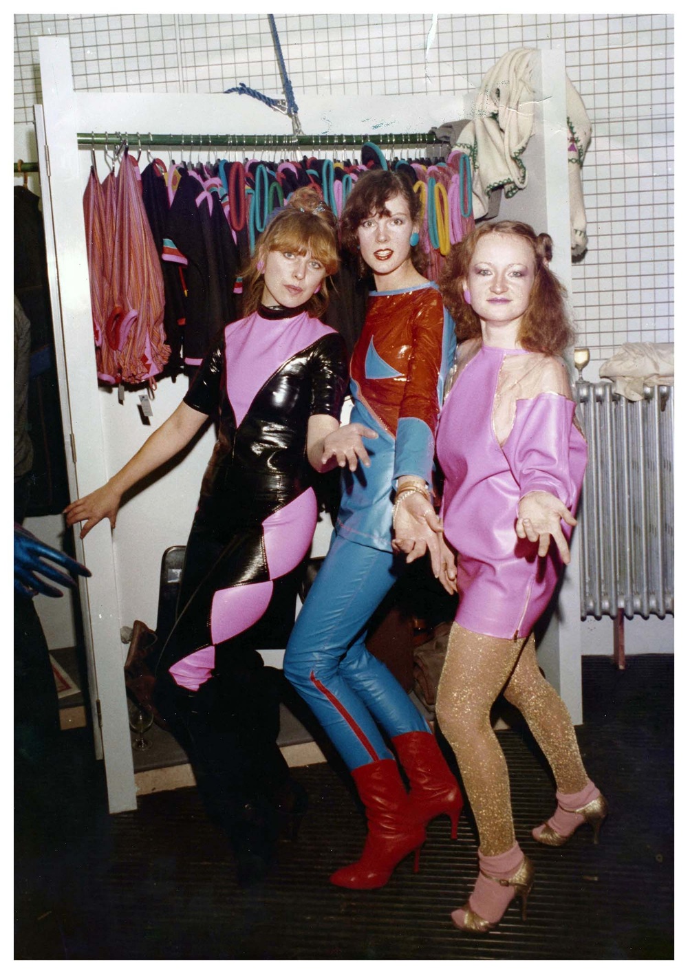 This photo was taken at the opening of the Mrs Howie Shop (one of the first fashion shops in Covent Garden) in 1977. Swanky Modes were among the young designers stocked by proprietors Lynne Franks and Paul Howie. Judy, Mel, Esme.